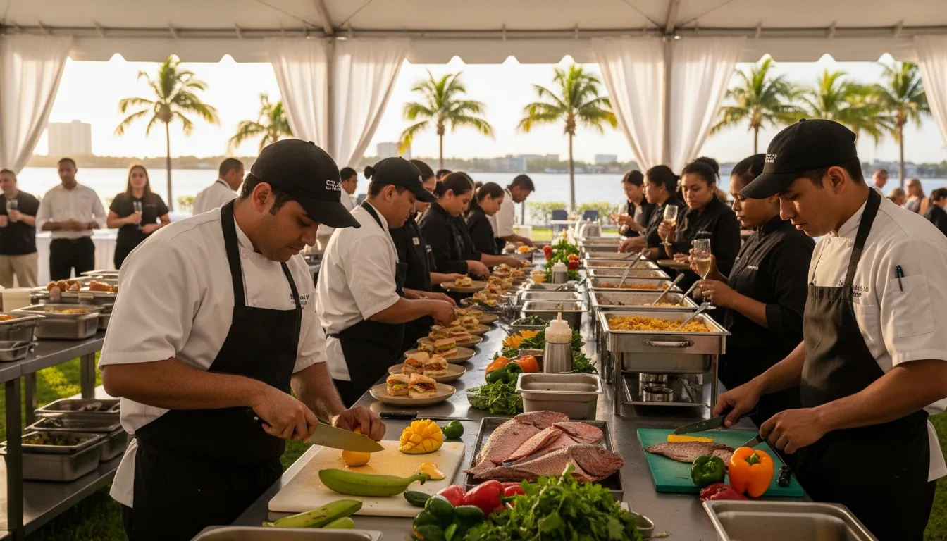 Professional culinary and catering staff preparing food at a Tampa event