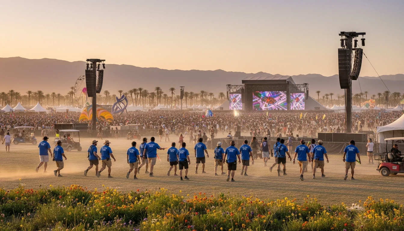 Event staff working at a large outdoor festival in the Coachella Valley