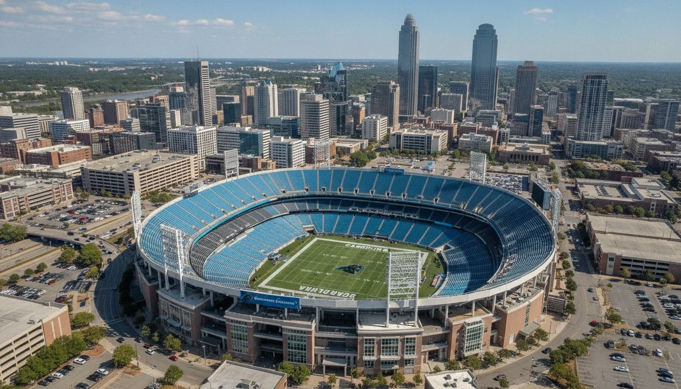 Aerial view of Bank of America Stadium in Uptown Charlotte, NC