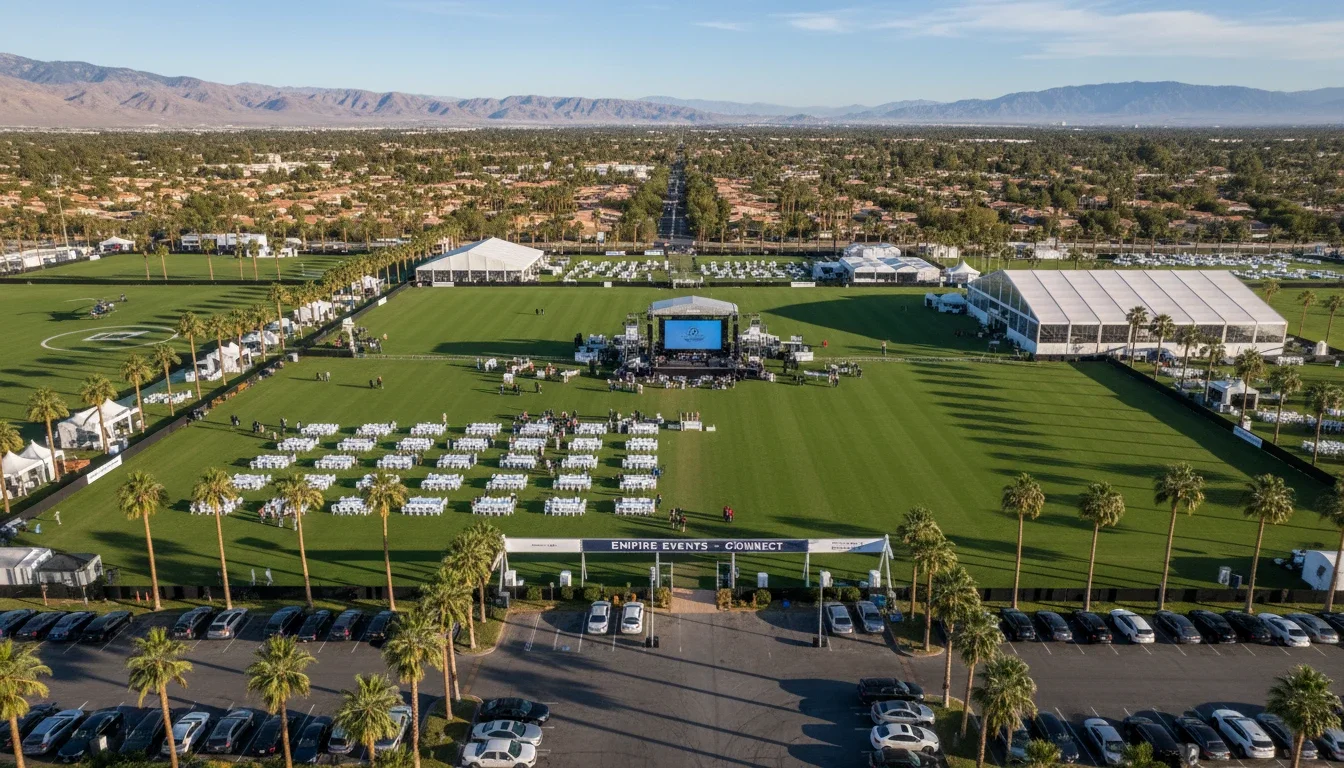 Aerial view of Empire Polo Club in Indio, CA — a premier corporate event venue in the Coachella Valley
