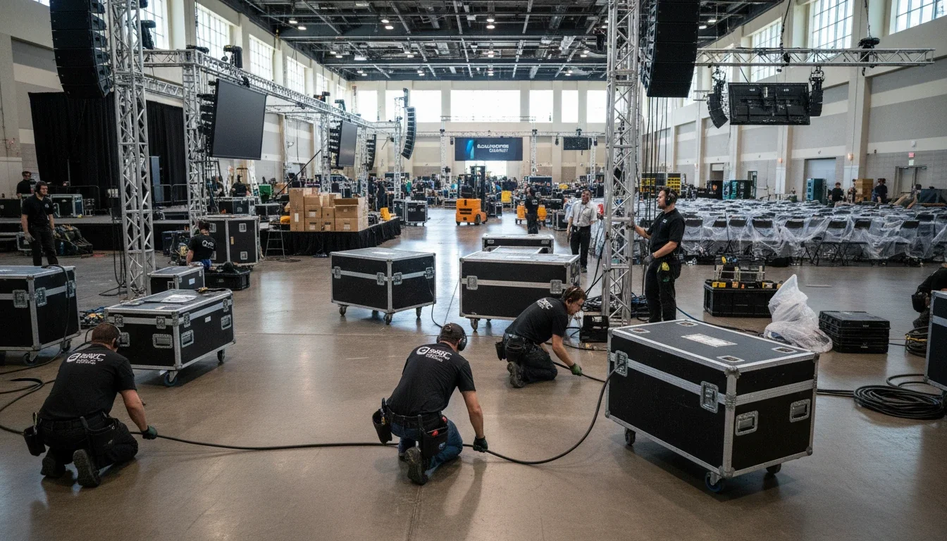 production assistant helping AV team with cable setup at convention center load-in