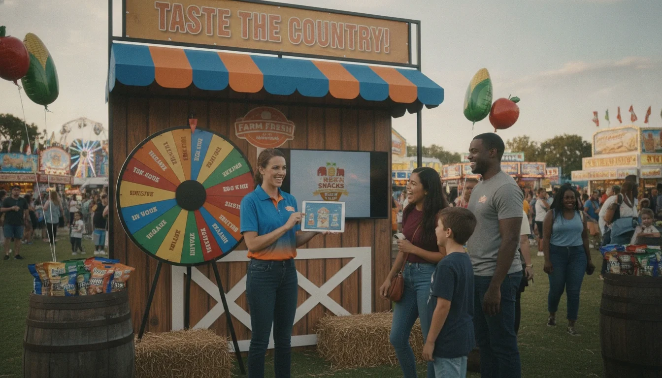 Brand ambassador engaging with visitors at an experiential marketing booth at a state fair event