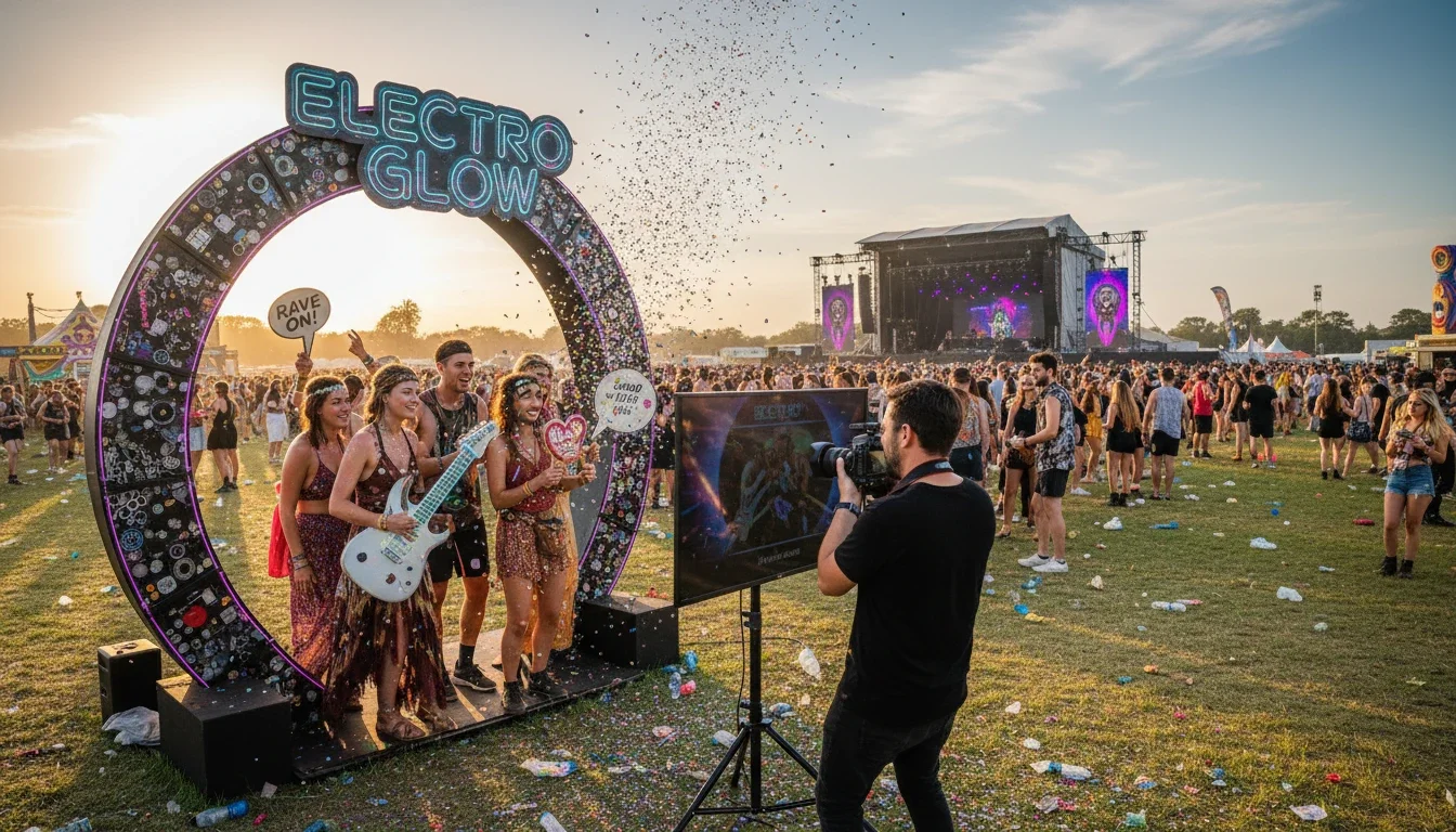 Festival-goers interacting with a brand activation photo experience at an outdoor music event