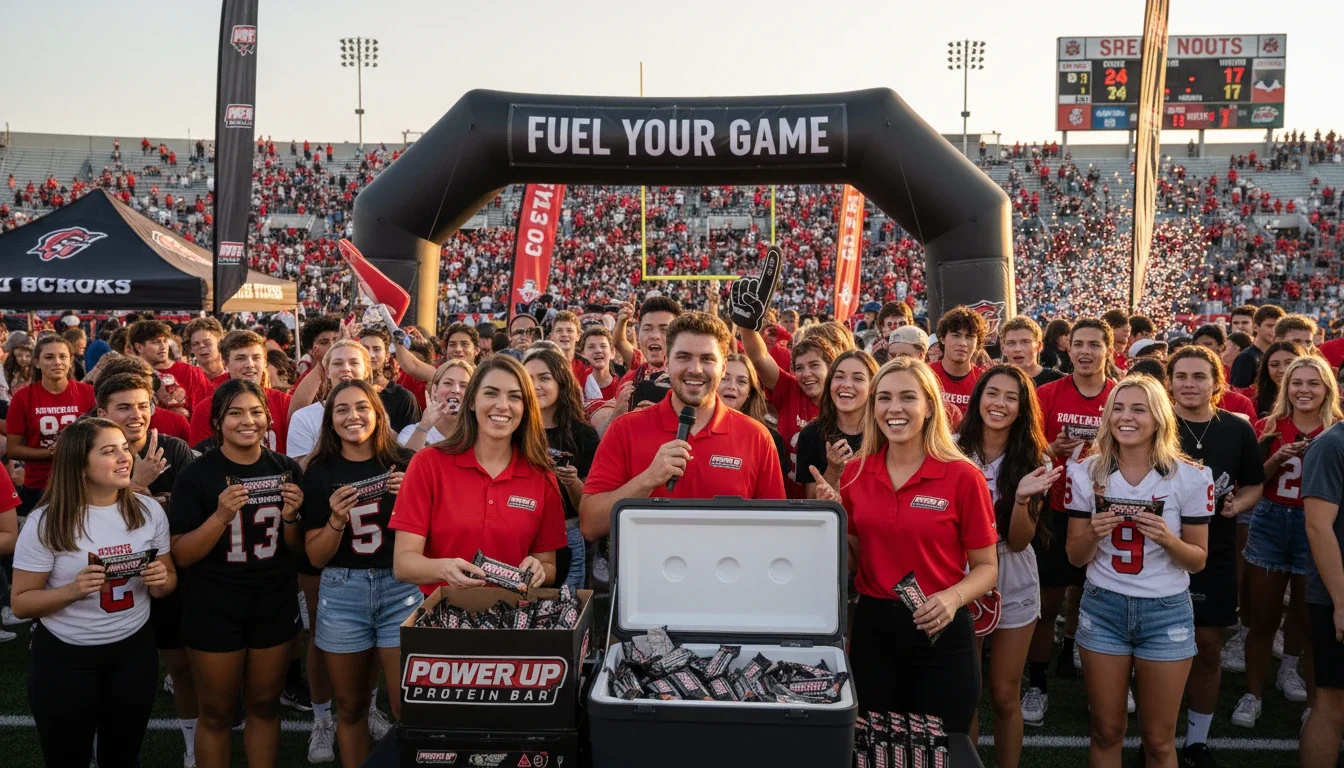 Brand ambassadors engaging fans at a product sampling activation at a college football game