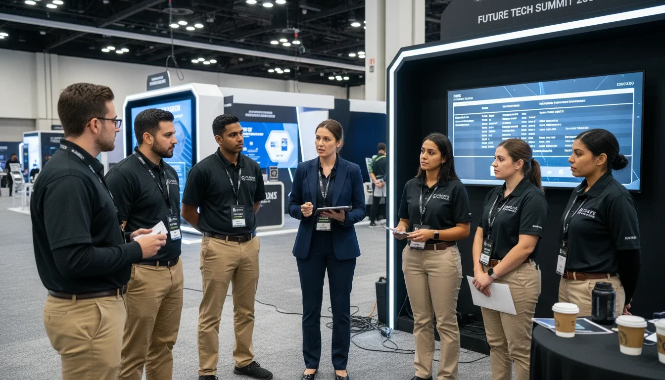 Event staffing agency team lead conducting pre-event briefing with booth staff