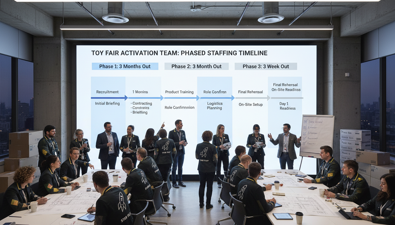 A phased staffing timeline ensures your Toy Fair activation team is fully briefed, confirmed, and ready before day one