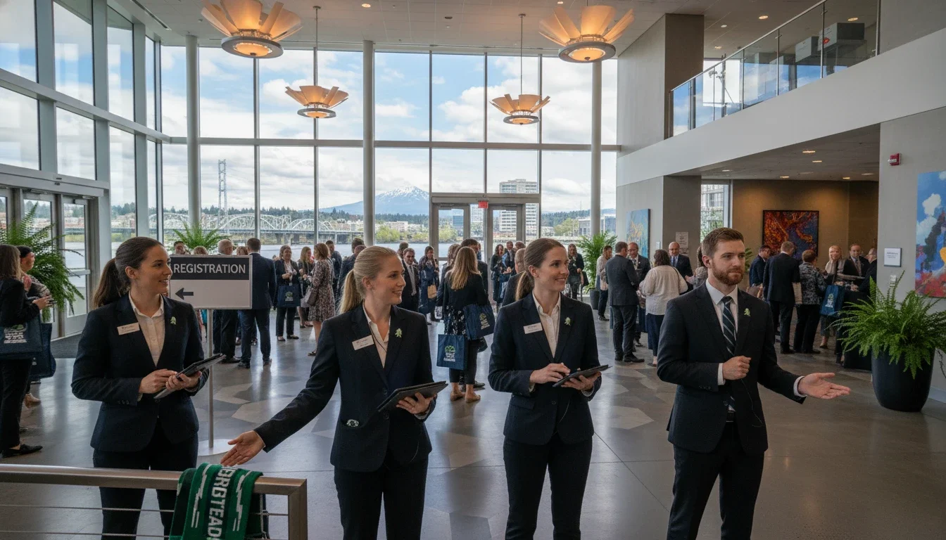 Professional event staff coordinating guest flow at a Portland corporate event