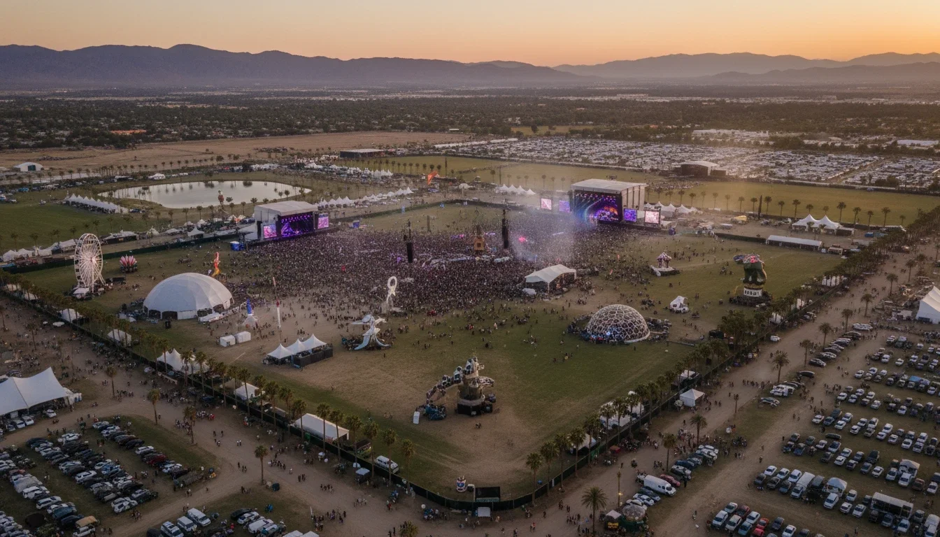 Aerial view of the Empire Polo Club in Indio, California during a major festival event 