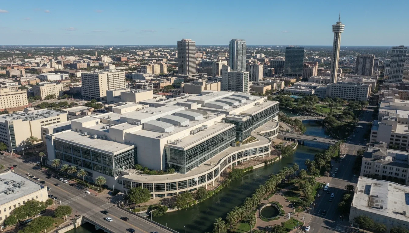 Aerial view of the Henry B. González Convention Center in downtown San Antonio