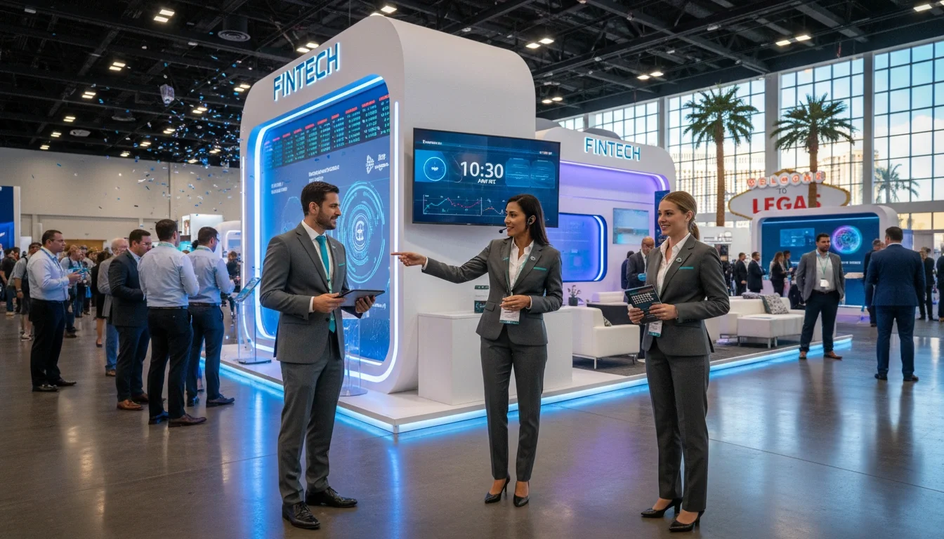Professional brand ambassadors representing a fintech company at a trade show booth in Las Vegas