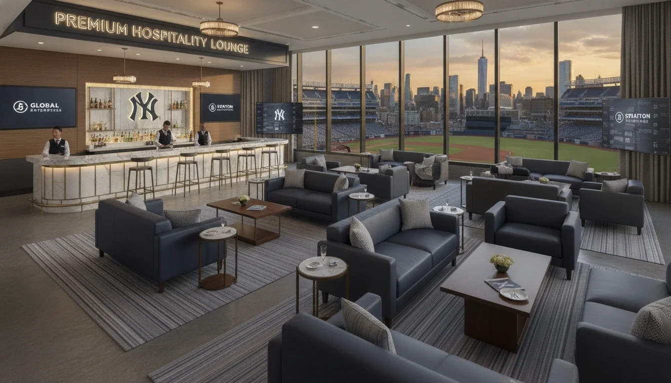 Premium corporate hospitality suite setup at Yankee Stadium with branded elements and city skyline views