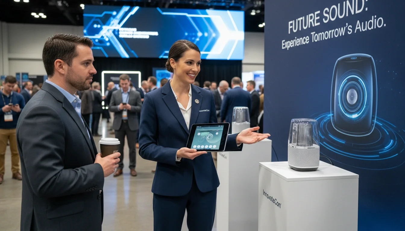 Trained brand ambassador engaging a conference attendee with confidence and product knowledge