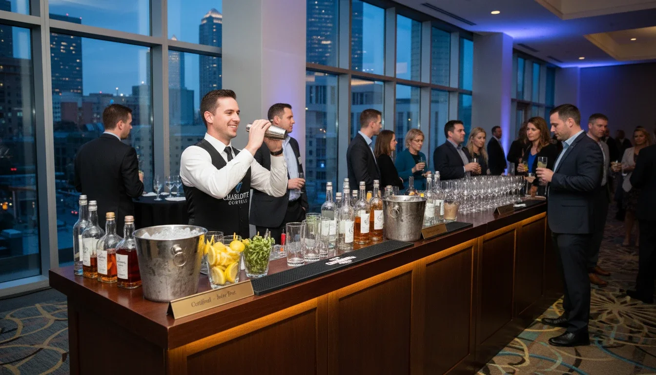 Certified event bartender serving cocktails at a Charlotte corporate event