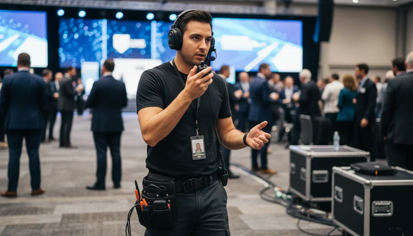 event production assistant using headset radio on site at corporate event