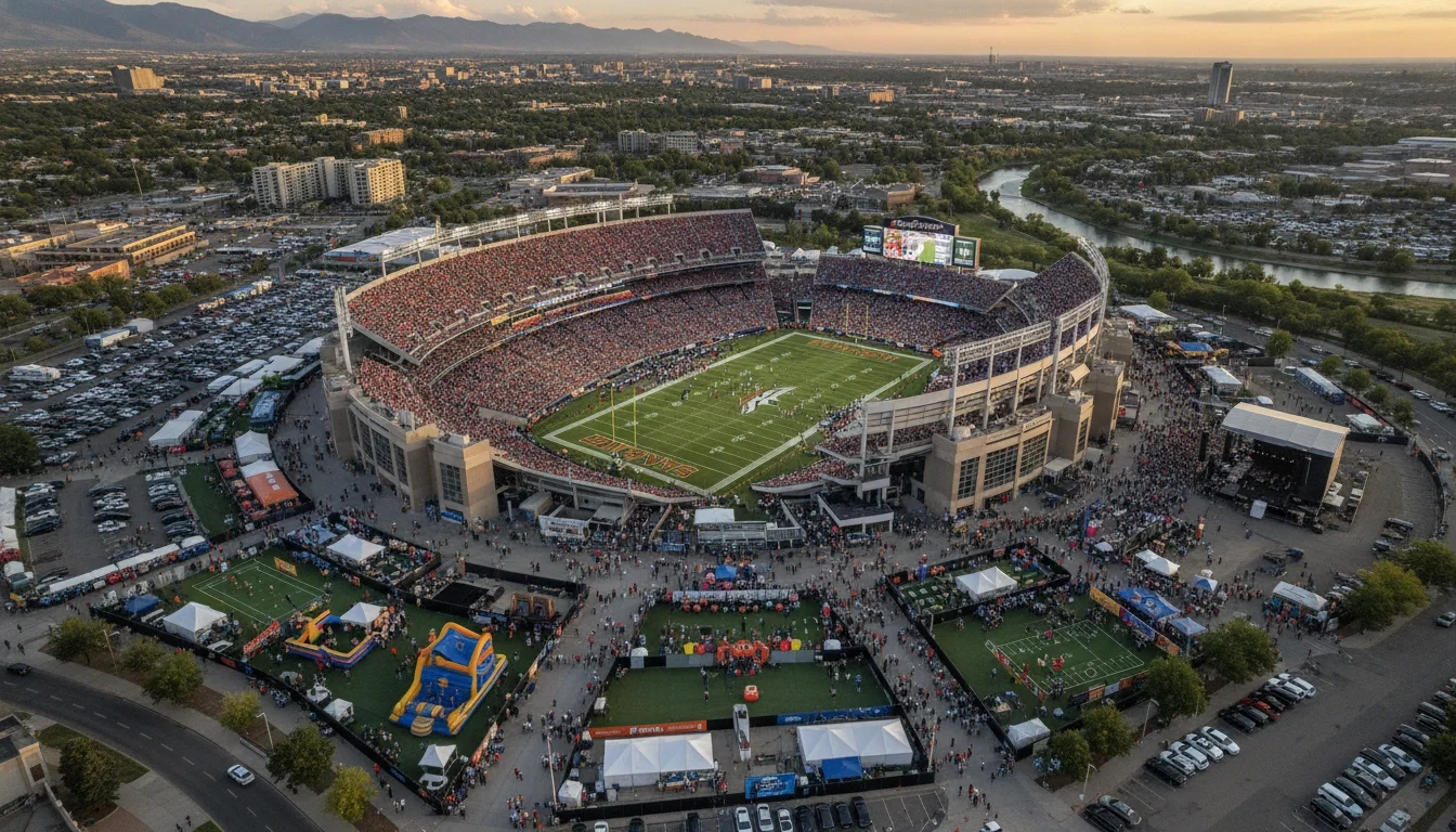 Empower Field at Mile High aerial view showing stadium layout and surrounding activation zones