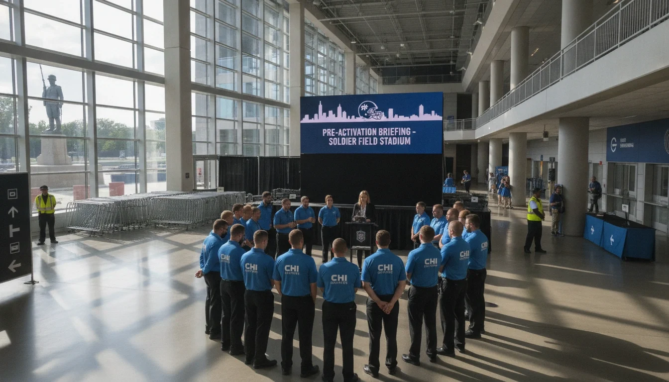 Event staffing team receiving a pre-activation briefing at a Chicago sports venue