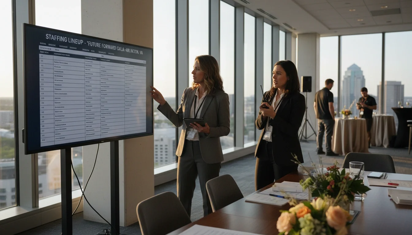 Event planner coordinating event staff team in Arlington Texas