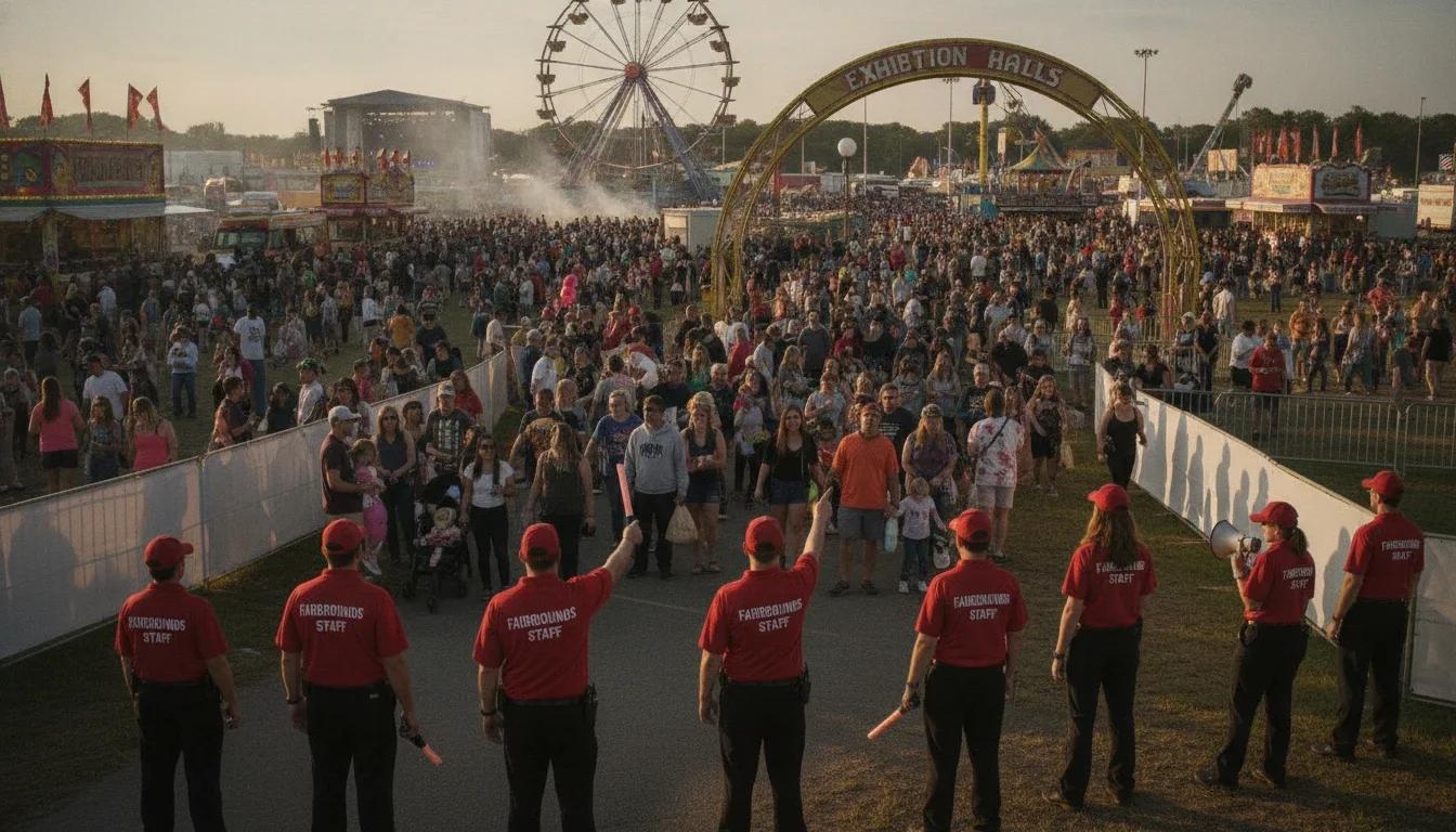 Professional event staff managing crowd flow at a large state fair