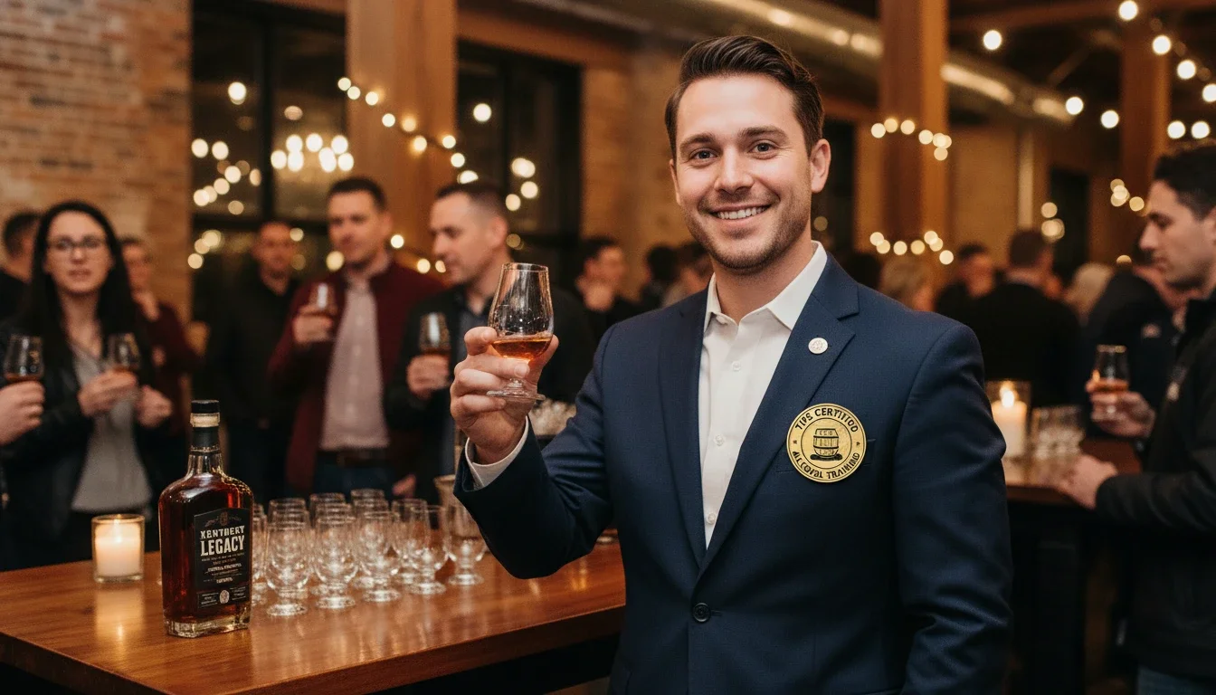 TIPS certification badge displayed next to a bourbon brand ambassador at a tasting event