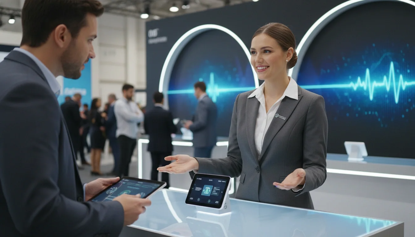 Confident brand ambassador smiling and engaging a customer at a product demo station