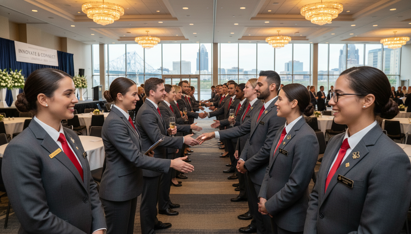Professional event staff in uniform greeting guests at a Louisville corporate event