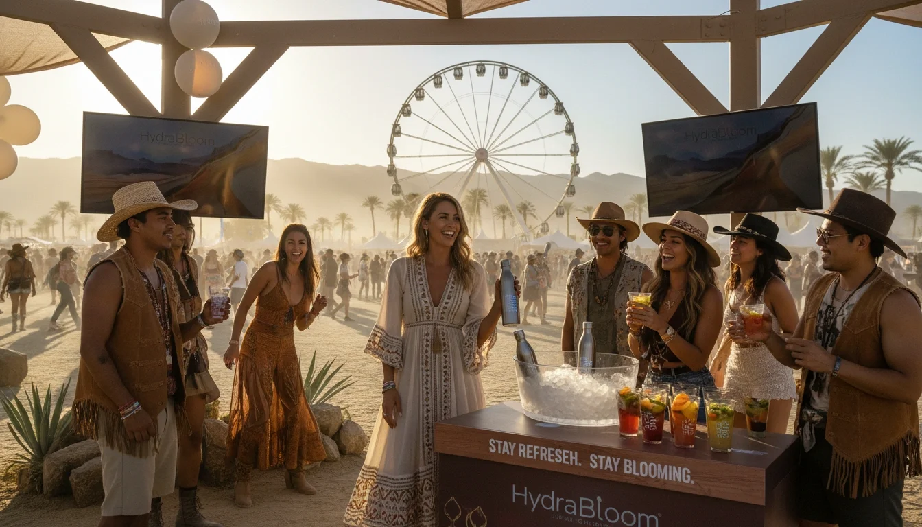 A brand ambassador engages festival guests at a product activation in the Coachella Valley