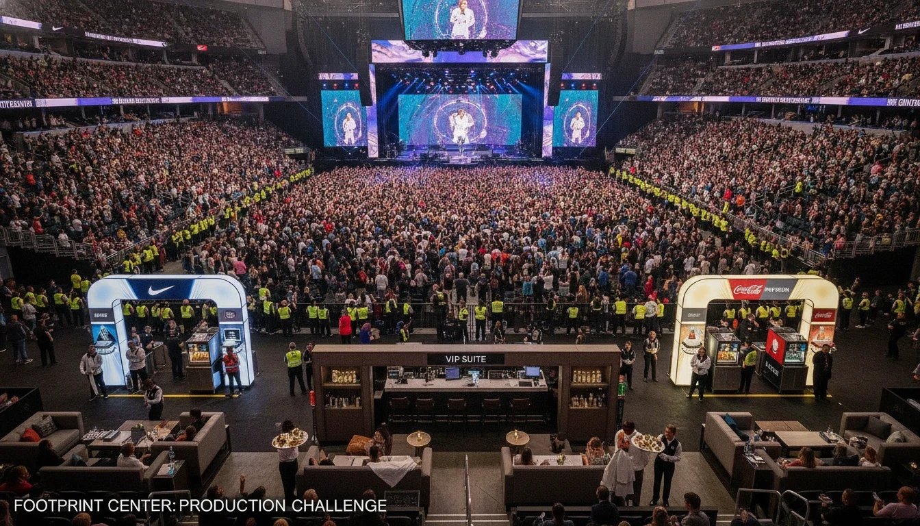 Arena-scale concert production at Footprint Center — a staffing challenge that spans brand activations, crowd management, and premium hospitality simultaneously