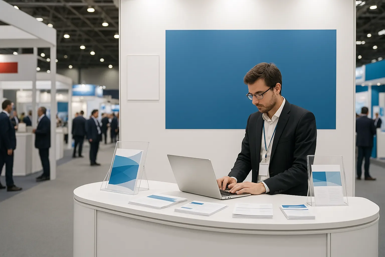 person at a trade show booth