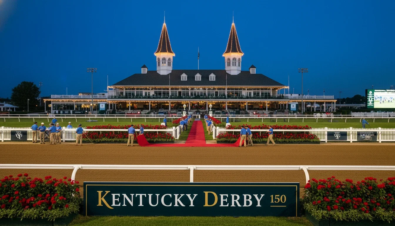 The iconic Twin Spires of Churchill Downs illuminated on Kentucky Derby day, with staff preparing the grounds