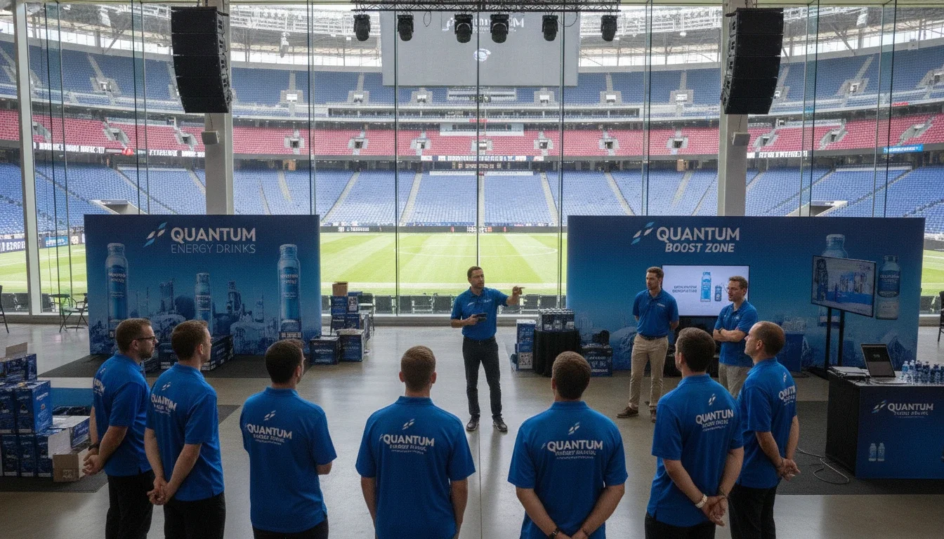 Event staff team briefing before a brand activation at a major sports arena