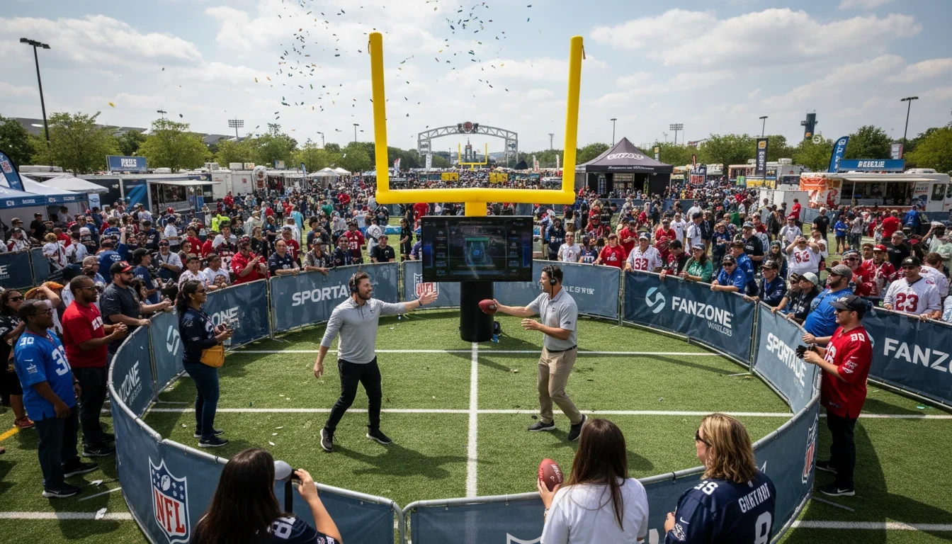 Experiential marketing staff running a fan engagement game at an NFL pre-game zone