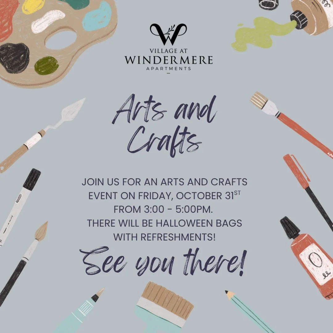 Hey Village at Windermere residents! Join us for an Arts and Crafts Event on Friday, October 31st from 3:00 - 5:00pm. There will be halloween bags with refreshments!

#artandcrafts #art #crafts #halloween #westchesterpa #chestercountypa #chestercount