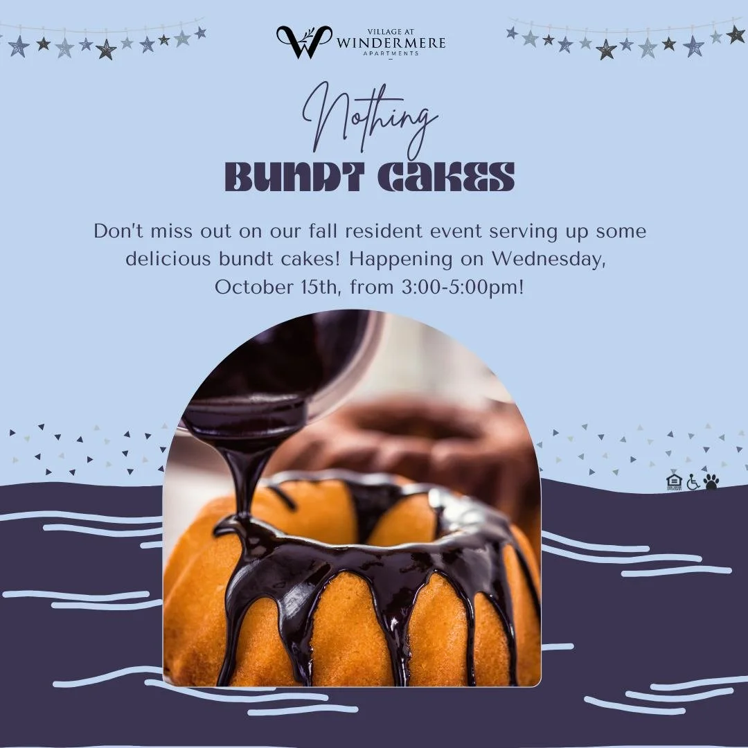 Attention residents! Join us on Wednesday, October 15th from 3-5pm, for our Bundt Cakes event! You can never go wrong with tasty treats!

#bundtcake #cakes #westchesterpa #chestercountypa #chestercountyrealestate #windermere #pennsylvaniawoods