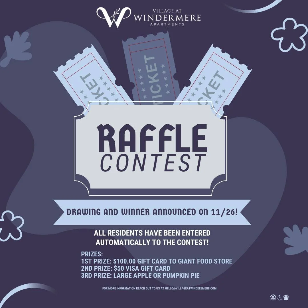 All Village at Windermere residents are officially entered into our November Raffle Contest! 🎉🍂
One lucky winner will be picked and announced on the 26th. BUT the fun doesn't stop there because there will also be a second and third place prize! Goo
