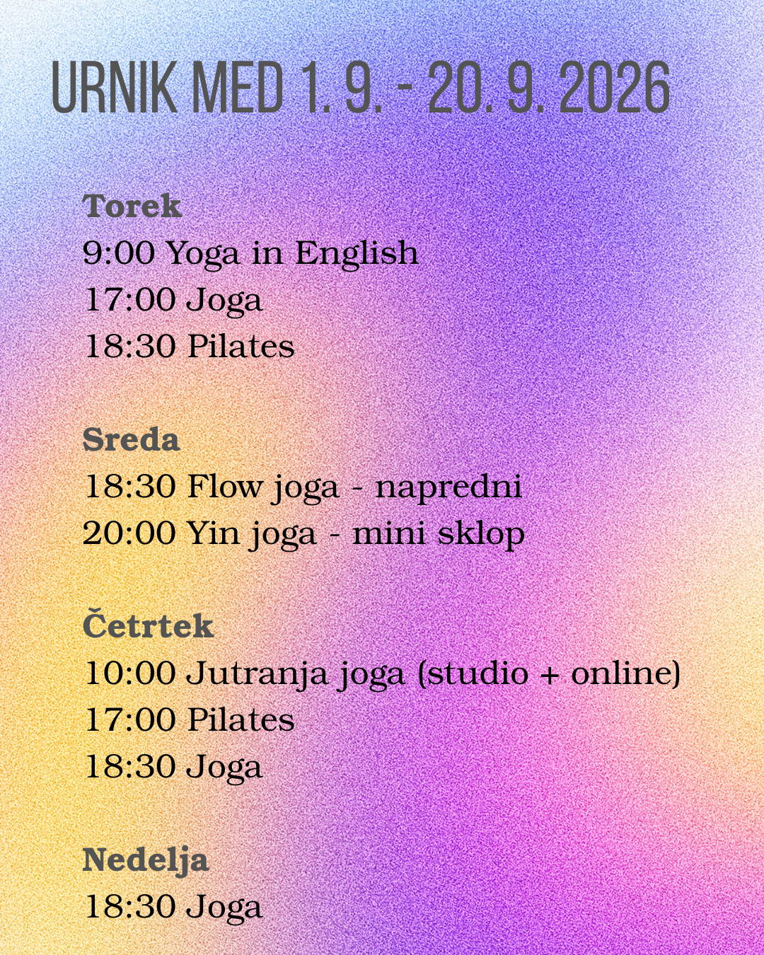 Weekly yoga and fitness class schedule from September 1 to September 20, 2026, with classes in English and Slovenian, including yoga, pilates, flow yoga, yin yoga, aerobics, and online options.