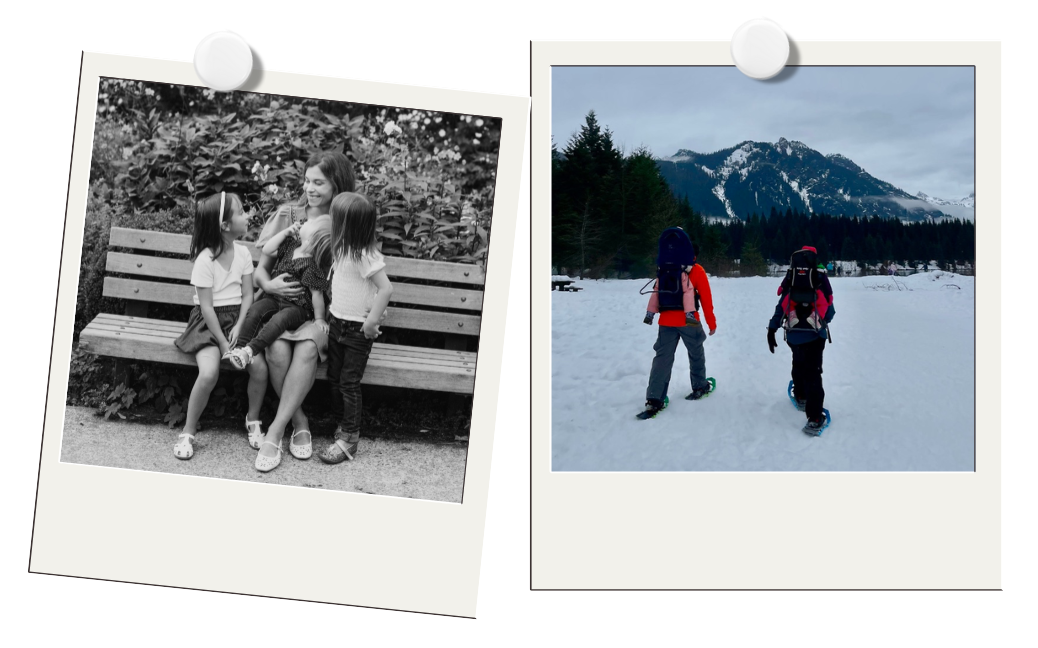 A black and white photo of three young girls sitting on a park bench and talking, with greenery in the background. Next to it, a color photo of two children dressed in winter clothing, snowboarding on a snowy landscape with mountains and trees in the background.
