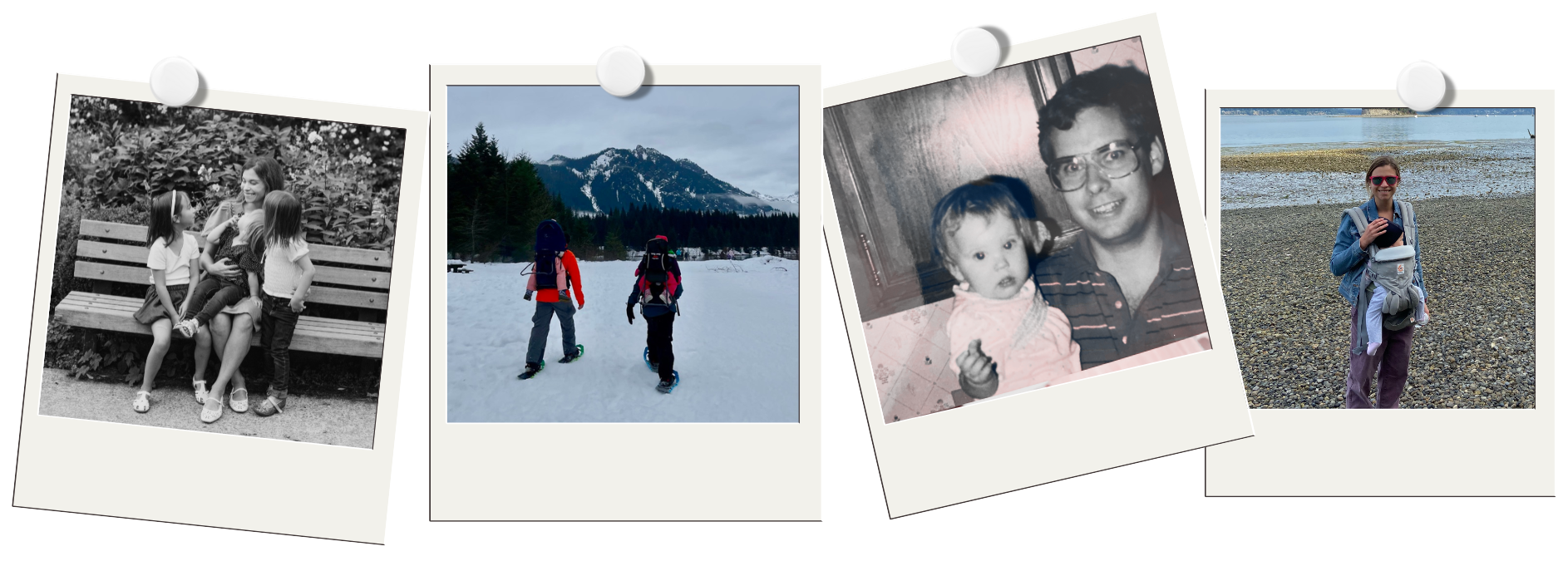 Four Polaroid-style photos on a string, showing various scenes: three girls sitting on a bench and talking, two people snowboarding in a snowy mountain area, a black-and-white photo of a man and a young girl, and a woman in sunglasses standing on a rocky beach.