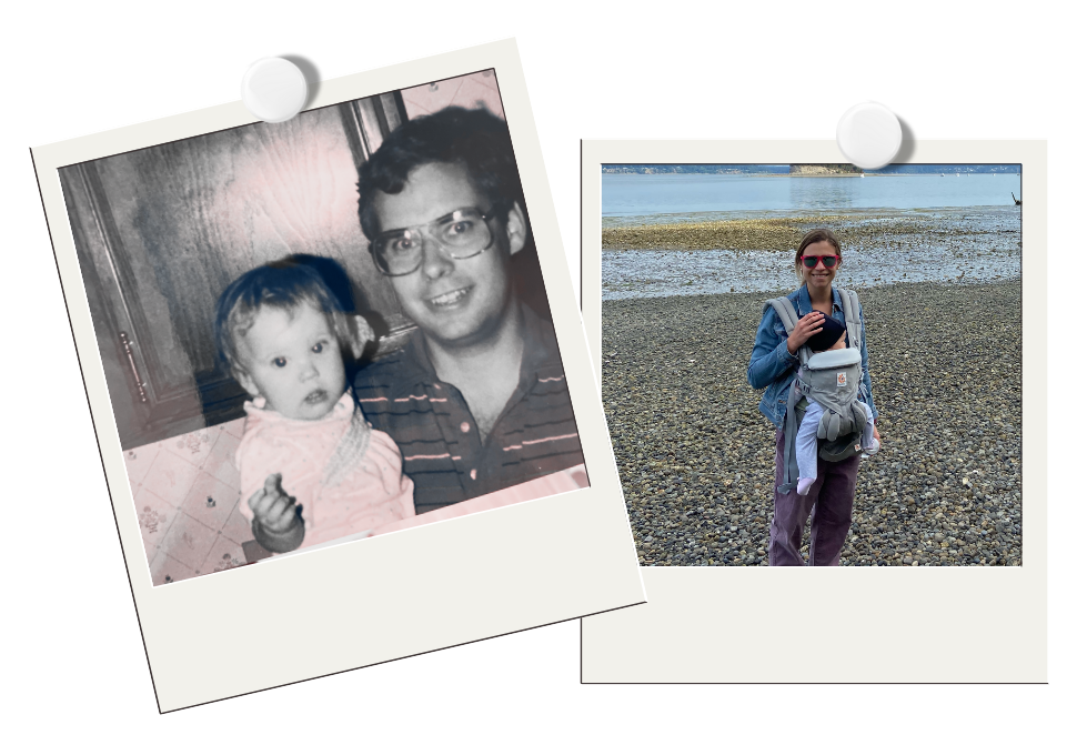 A collage of two photos: one black and white picture of a man with glasses holding a young girl, and a color photo of a woman on a pebbled beach with a backpack and sunglasses.