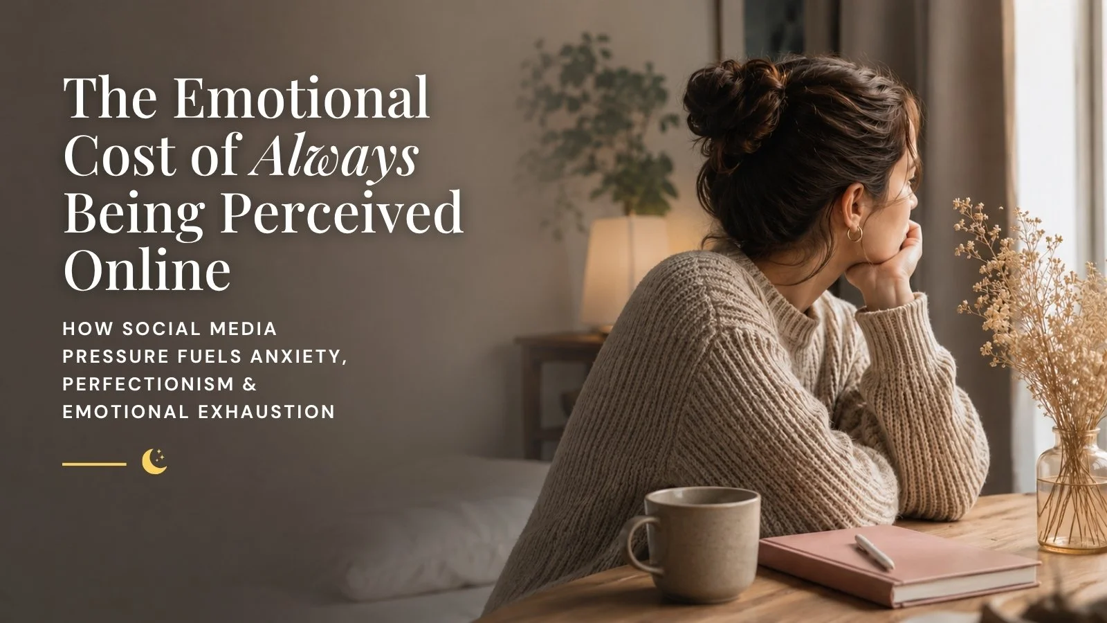 Woman sitting thoughtfully by a window reflecting on social media pressure, anxiety, and emotional exhaustion