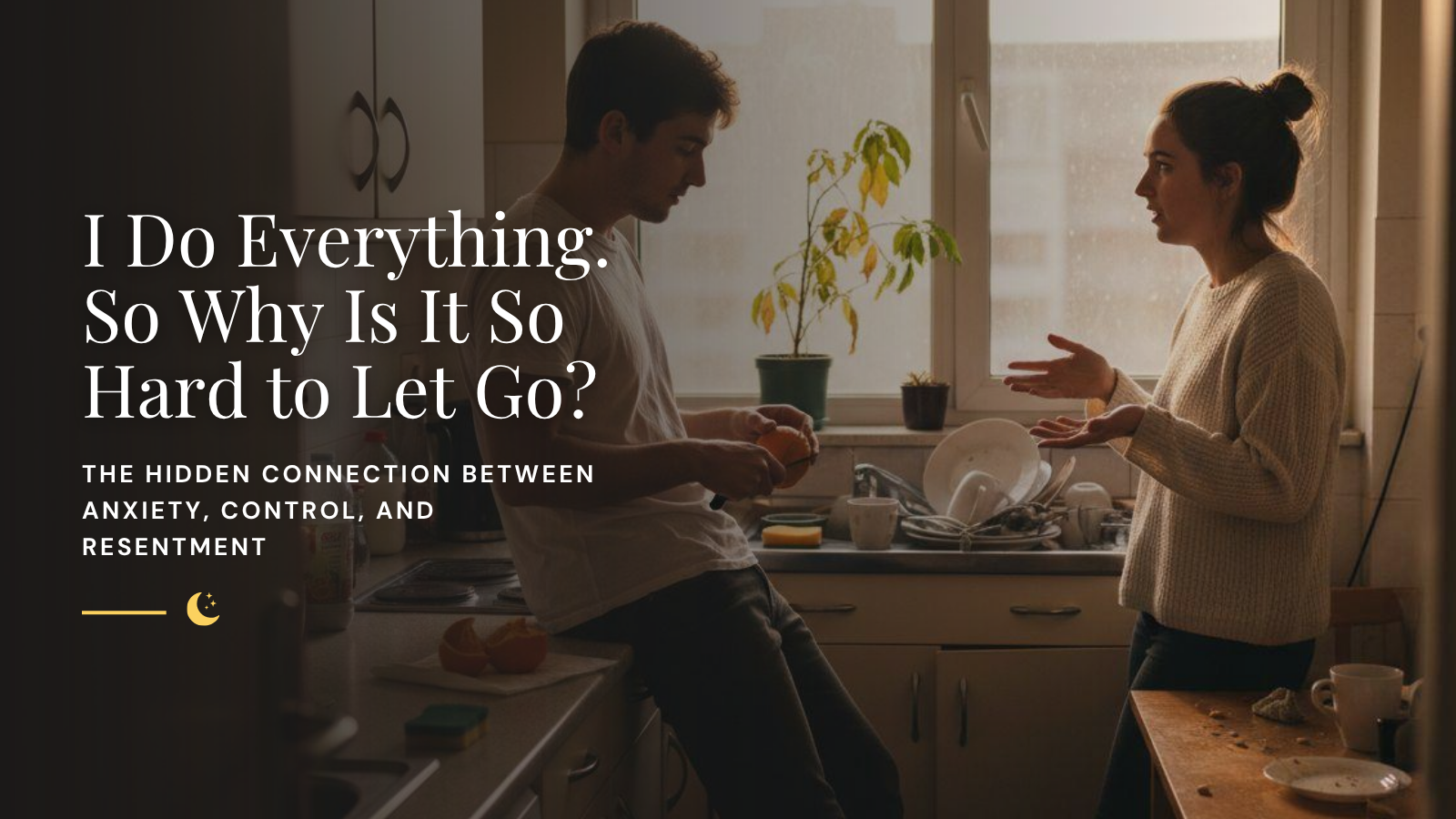 Couple having a serious conversation together in their home kitchen.