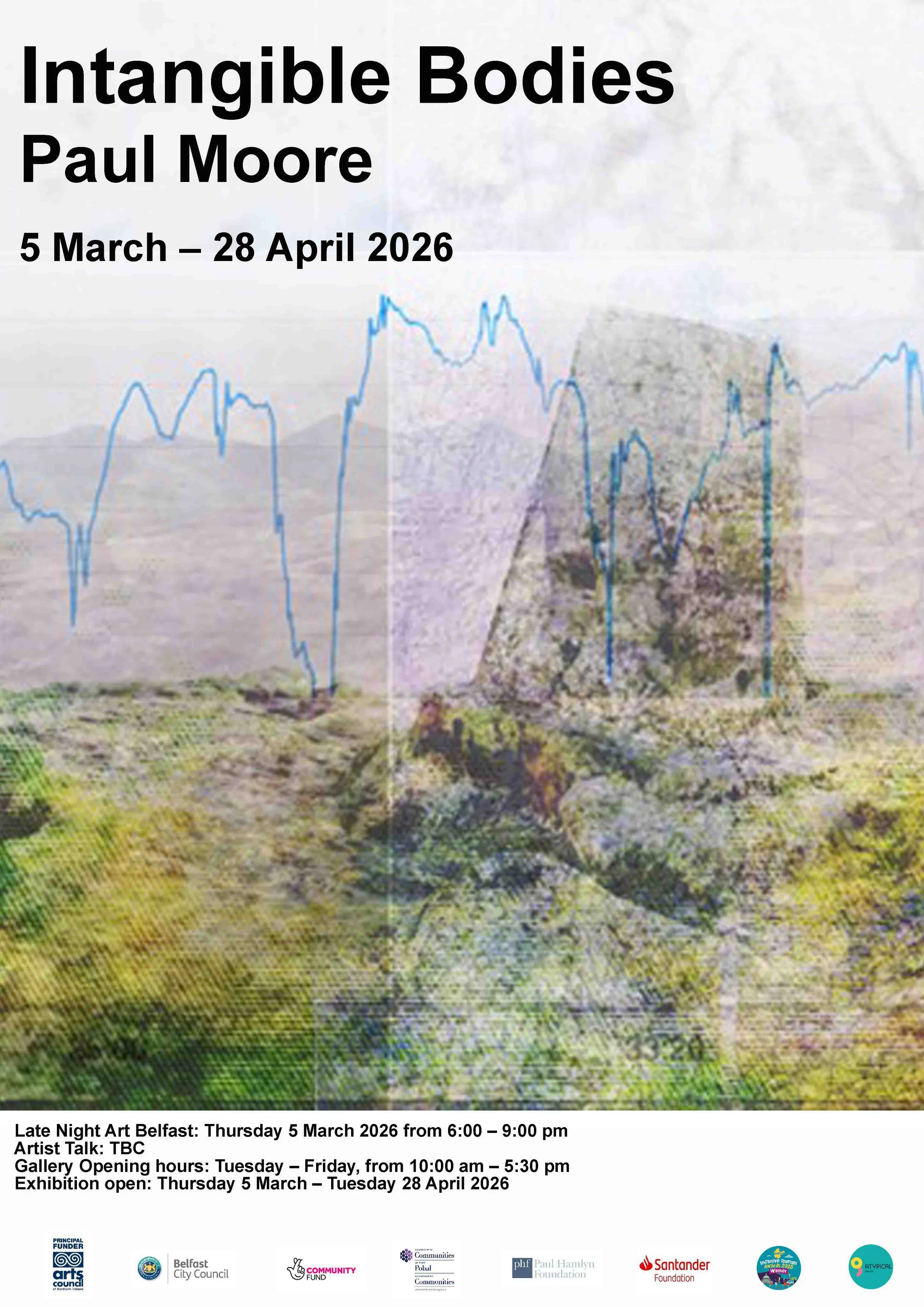 Intangible bodies exhibition morland background with a standing stone layered with light map outlines and blue graph lines