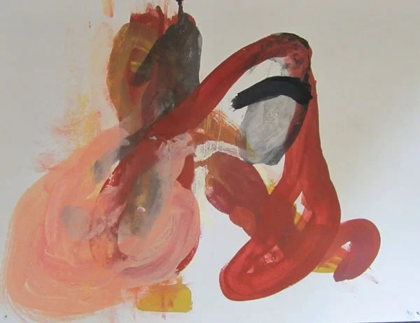 messy blobs of reddish paint spread around a canvas with dark streak of black