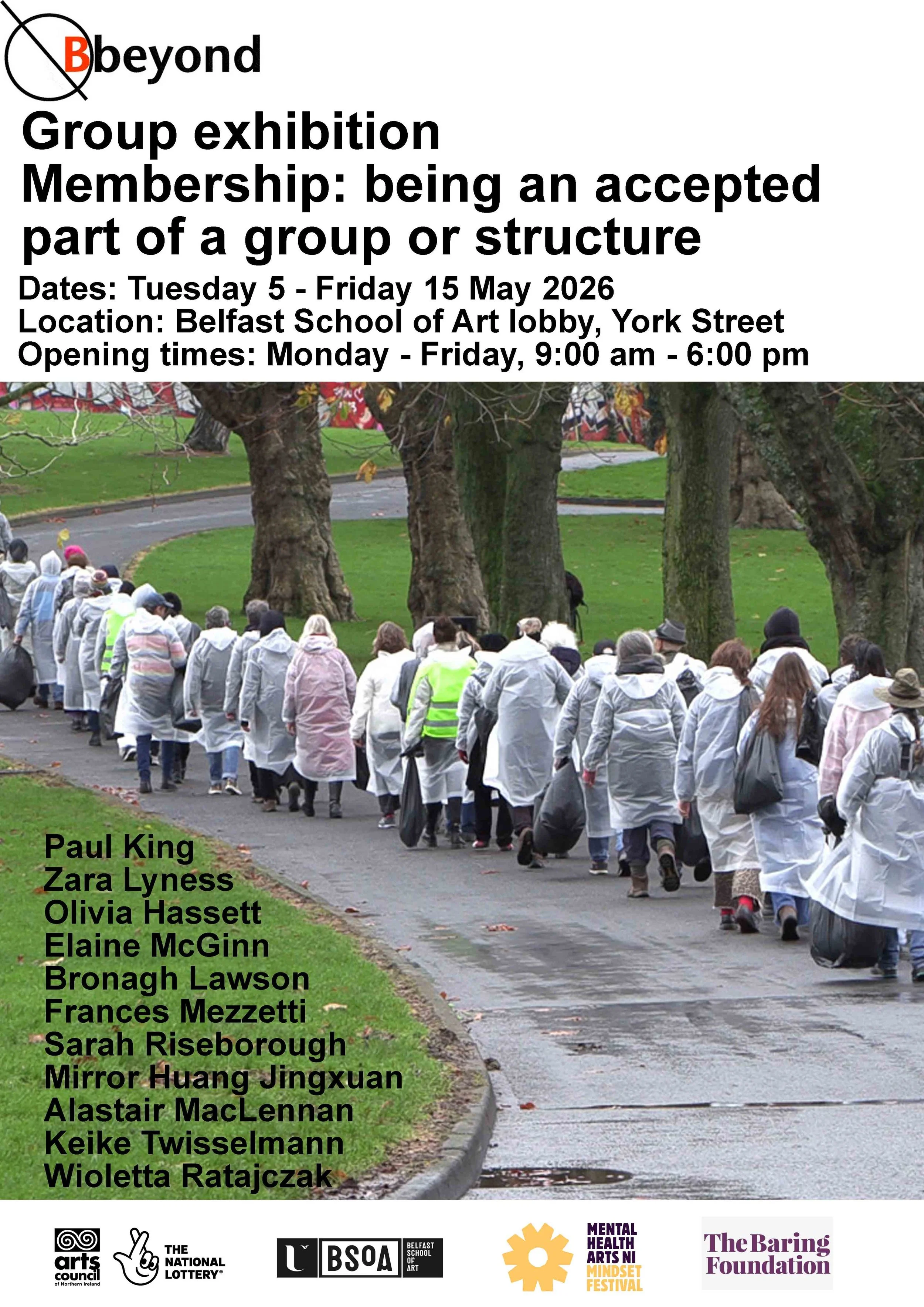 Poster with exhibition details repeated and image of a line of peoplei white raincoats walking through a parl away from the camera on a winding path lined by trees