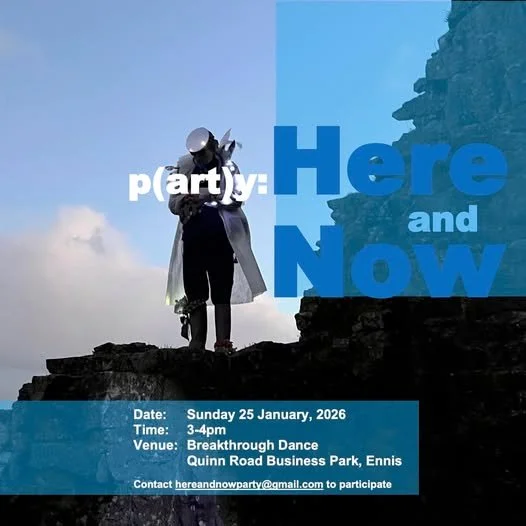 Blue poster of a person standing on a ruined building wall with sky in the background wearing a white coat and saucepan face