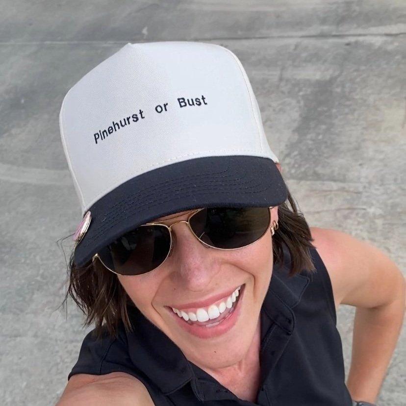 The Pinehurst or Bust hat is embroidered locally and built for golf.