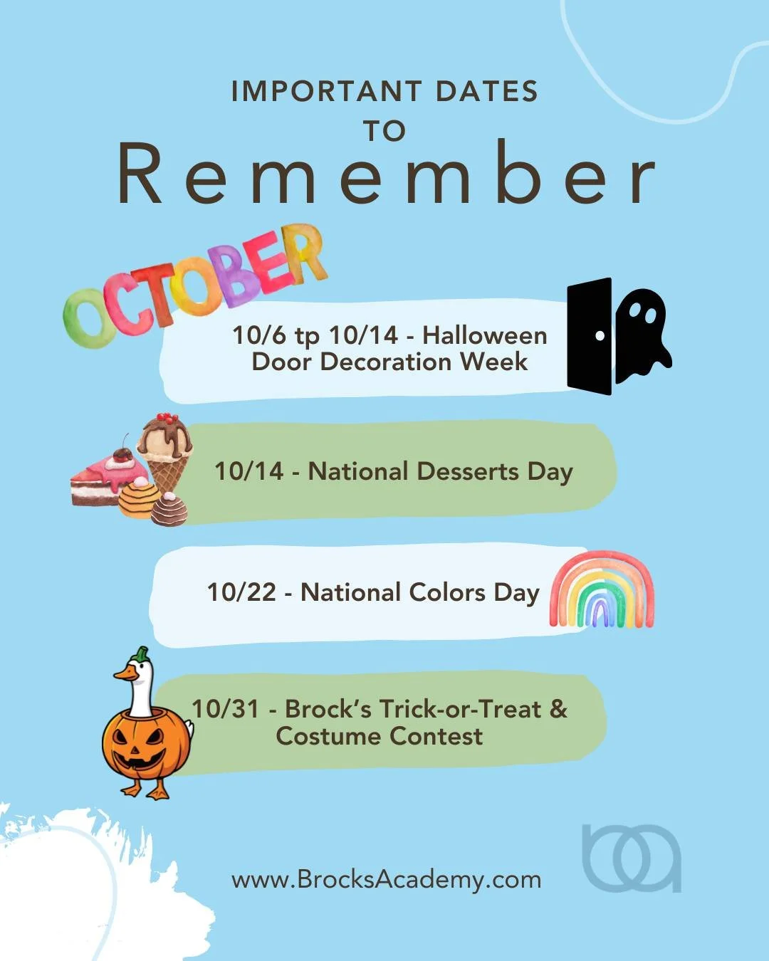 🎉📅 October Calendar Update! 📚✨

There are so many great things happening at Brock's Academy this month! Check out our important dates this month, and see our monthly Brock's Buzz below.

👉 Save this post and stay tuned for updates on our website: