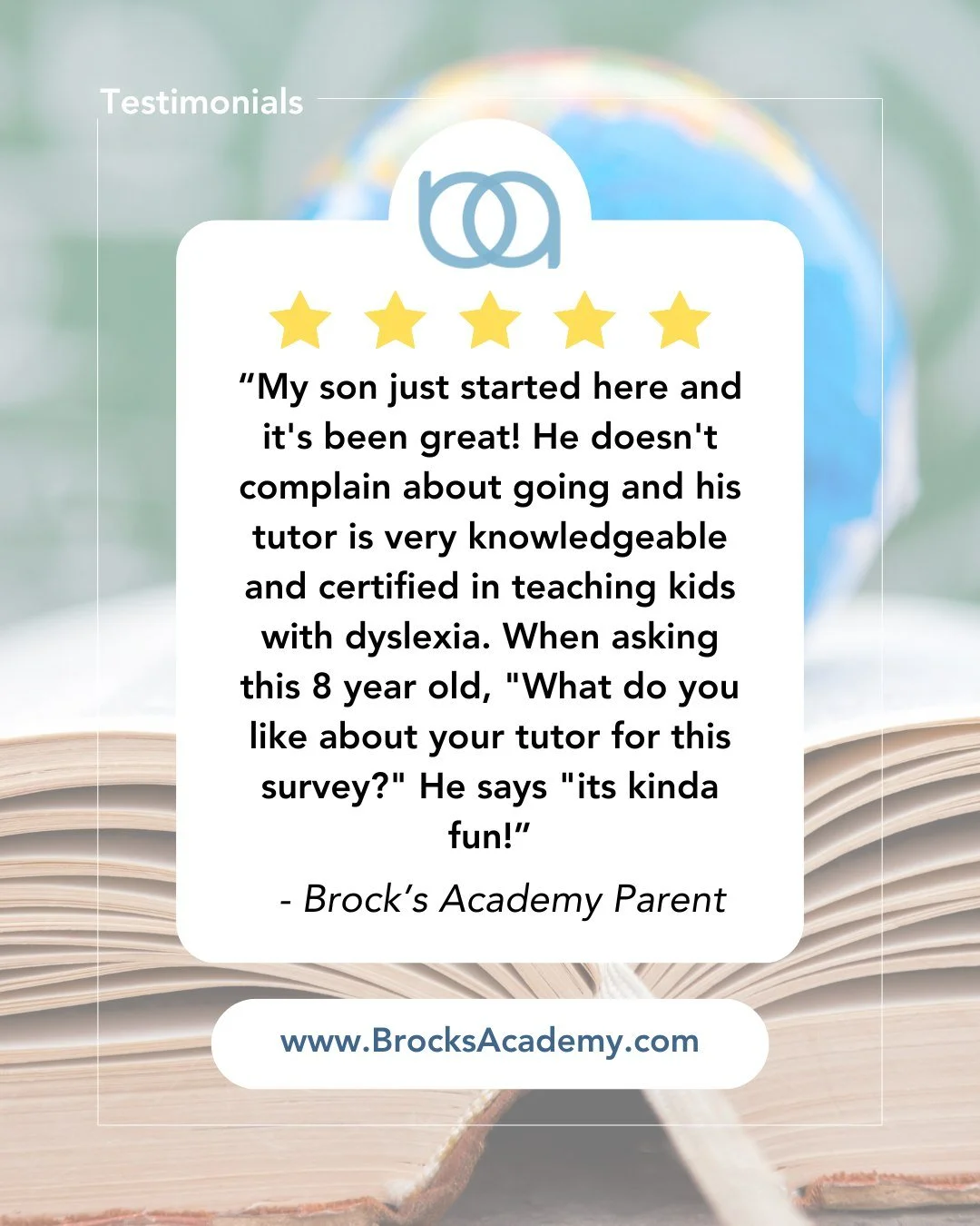 #Testimonials
Thank you so much for your review!🌟

&ldquo;My son just started here and it's been great! He doesn't complain about going and his tutor is very knowledgeable and certified in teaching kids with dyslexia. When asking this 8 year old, &q