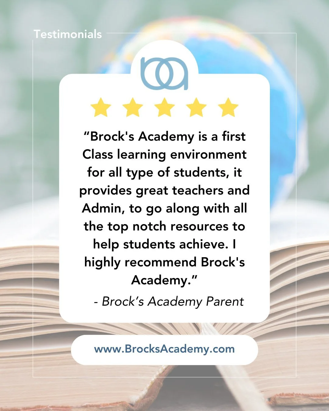 #Testimonials
Thank you so much for your review!🌟

&ldquo;Brock's Academy is a first Class learning environment for all type of students, it provides great teachers and Admin, to go along with all the top notch resources to help students achieve. I 