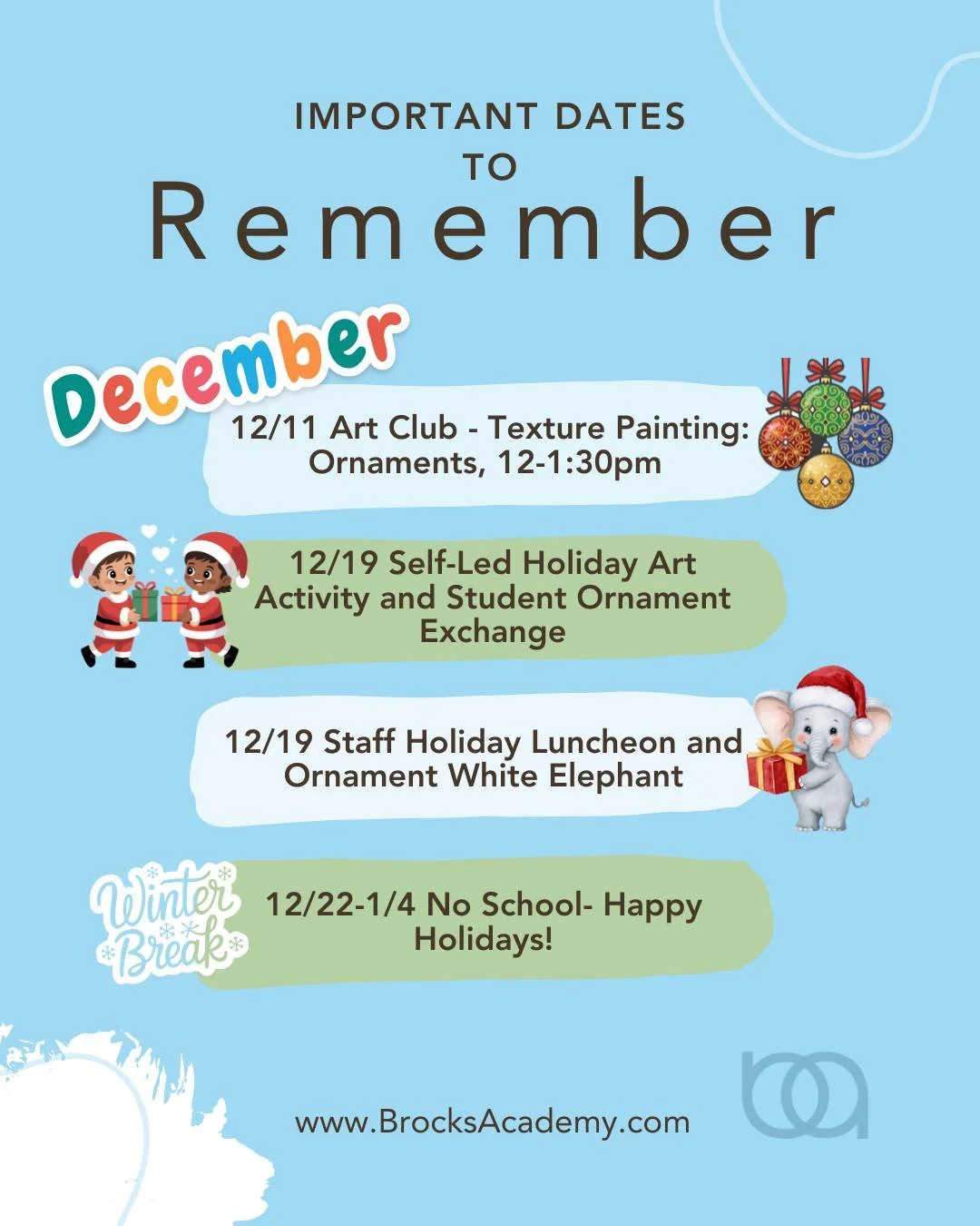🎉📅 December Calendar! 📚✨

Here is a list of some important events at Brock's this month, including our Winter Break schedule! See our monthly Brock's Buzz below.

👉 Save this post and stay tuned for any updates on our website: https://zurl.co/kPD