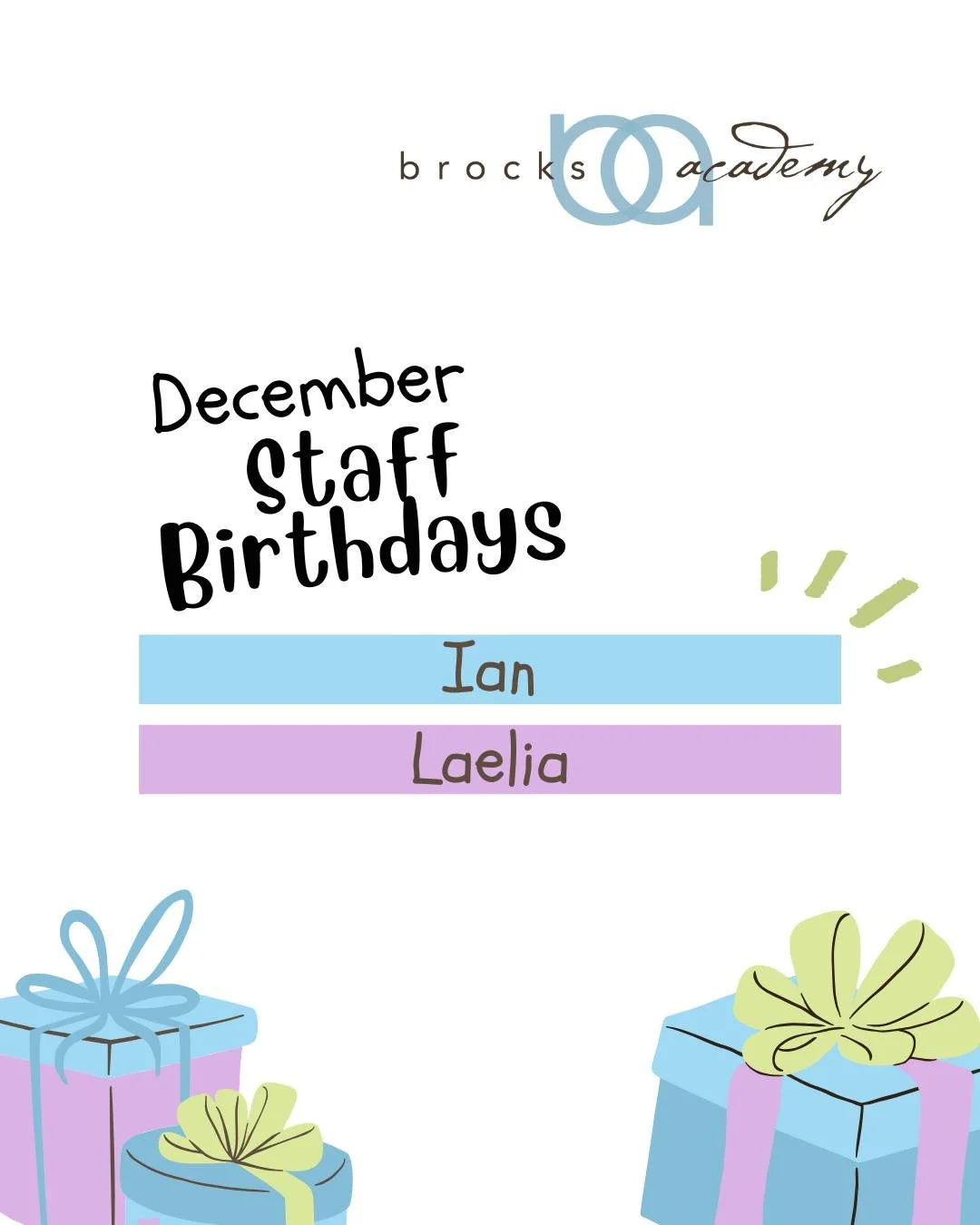 🎉 Happy Birthday to our two team members with December birthdays at Brock&rsquo;s Academy! 🎂🎈

We send you all the birthday wishes and hope your birthdays are extra special this year. Thank you for all that you do! We&rsquo;re so lucky to have you